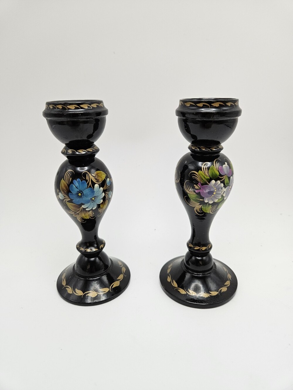Russian Set Of Handpainted  Laquerware  Floral Candlestick Holders